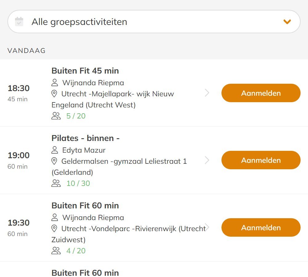 Het lesrooster van Sporten voor je Deur